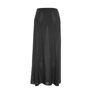 Detail showing high-quality black chiffon fabric with white polka dot digital print pattern