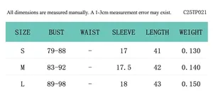 Detailed size chart with measurements for the women's irregular knotted crop top