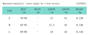 Size chart for women's short slim fit T-shirt showing bust and length measurements