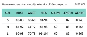 Size chart for polka dot mesh dress including bust, waist, and hip measurements