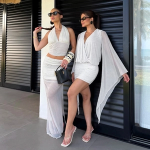 Polka dot mesh split sleeve backless dress and matching high waist long skirt set