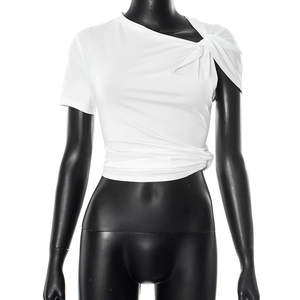 Detailed view of the asymmetrical twisted neckline on a white slim-fit cropped T-shirt