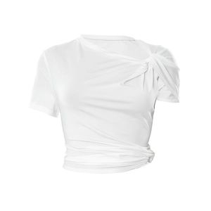 Detail of white one-shoulder knot top with wrap tie waist and smooth knit fabric