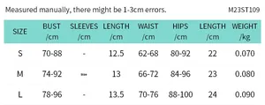Size chart for women's two-piece sexy crop top and slim fit shorts set in sizes S, M, L