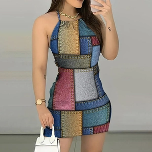 Slim fit halter neck mini dress with vintage denim patchwork print for women
