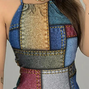 Women's summer halter neck denim print backless mini dress with patchwork patterns