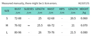 Detailed size chart for lace camisole set with measurements for S, M, and L sizes