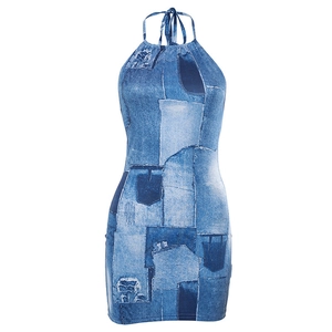 Detail of blue denim print halter dress showing retro Y2K style textures and patterns