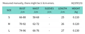 Size chart for women mesh crop top showing bust, waist and length in cm for S to L