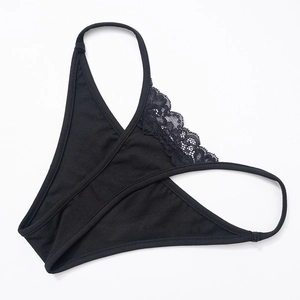 Detail of the black lace trimming and delicate elastic straps on this sexy g-string thong