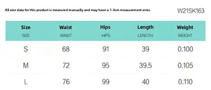 Size chart showing waist, hip, and length measurements for this high waist mini skirt