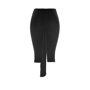 Detail of high waist black fitted pants with elegant side slit and long decorative ribbon