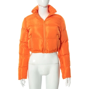 Women's orange quilted puffer jacket with a high collar and zipper closure style