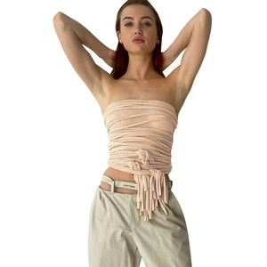 Slim fit apricot strapless wrap top with fringe detail and layered bandages for women