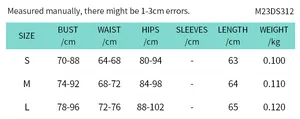 Gedetailleerde maattabel voor strapless mini-jurk met borst taille en heup afmetingen