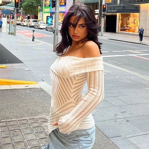 White off-the-shoulder long sleeve slim fit top in ribbed knit fabric for women