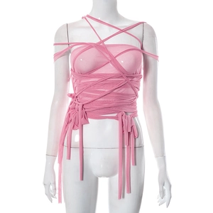 Close-up of pink mesh wrap top with semi-transparent cross-bandage strapless design