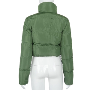 Back view of army green quilted puffer jacket featuring high collar and elastic hem