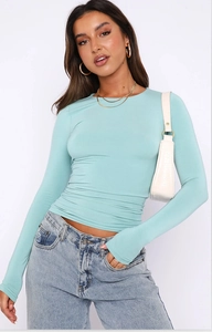 Close-up of mint green long sleeve slim fit ribbed knit top with a crew neck design