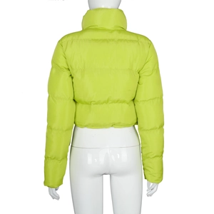 Rear view of fluorescent green quilted padded jacket showing the high collar and warm fit
