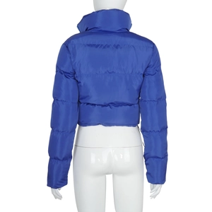 Rear view of royal blue quilted puffer jacket with stand collar and sleek satin finish