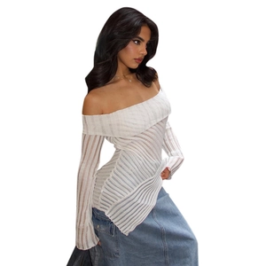 White off-shoulder long sleeve sheer knit top with vertical stripes and irregular hemline