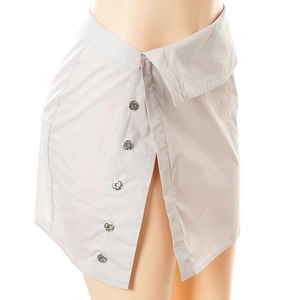 Detail of high-waist grey mini skirt featuring asymmetric metal button closure