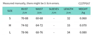 Size chart detail for halter neck backless crop top featuring S to L measurement guide