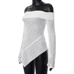 Detail of white off-shoulder long sleeve top with sheer vertical striped texture