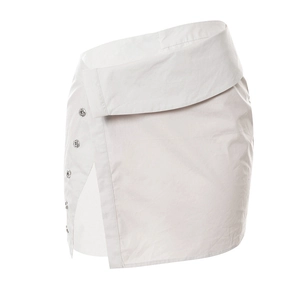 Detail of white wrap mini skirt featuring silver metal buttons and waist lapel design