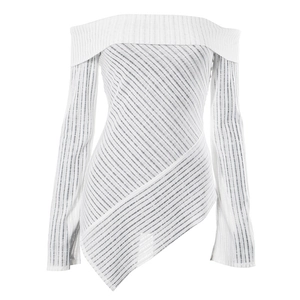 Macro shot of white off-the-shoulder long sleeve top with rib-knit texture and asymmetric hem