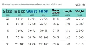 Tableau des tailles détaillé pour robe longue ajustée incluant les mesures du XS au XL