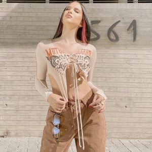 Crop top vintage da donna con stampa moto, lacci anteriori e maniche lunghe stile street