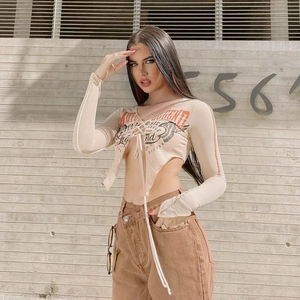 Sexy crop top a maniche lunghe con stampa vintage e allacciatura frontale