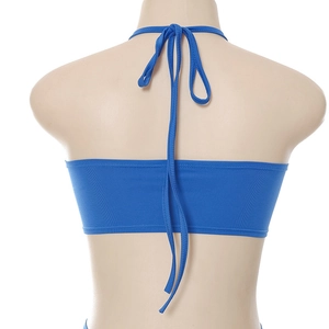 Detail of blue halter neck bikini top showing tie-back design on female mannequin
