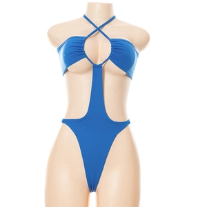 Detail of blue cut-out one-piece swimsuit with halter neck and side openings