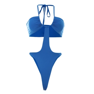 Detail of royal blue monokini swimsuit featuring halter neck and ruched chest design