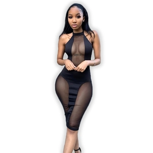 Sexy black bodycon halter dress featuring mesh sheer panels and a sleeveless silhouette