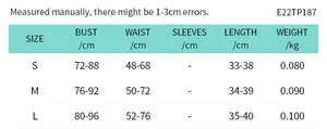 Detailed size chart for sexy backless hollow-out tank top featuring S, M, and L measurements