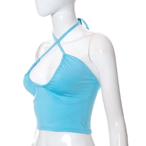 Detail view of light blue crisscross halter neck crop top on a white mannequin