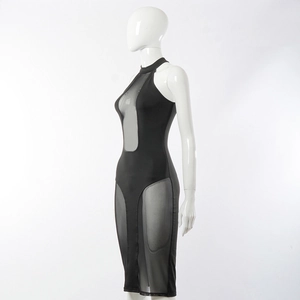 Detail of the high-neck mesh paneling on the side of a black sleeveless bodycon dress