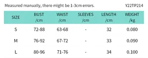 Detailed size chart for crop top showing bust, waist and length measurements in centimeters
