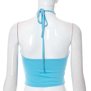 Back detail of sky blue criss-cross halter crop top with tie-neck and open back