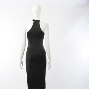 Detail view of the halter neck back design on a fitted black sleeveless midi dress