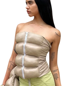 Street style khaki padded bandeau top with front zipper and quilted texture for women