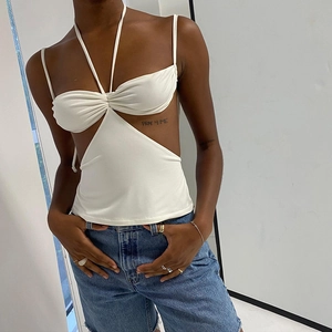 Slim fit white halter neck crop top with waist cut-outs and knot detail for women