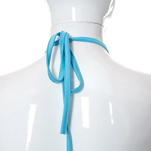 Detail of the sky blue halter neck tie closure with high-elastic fabric on a mannequin