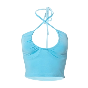 Close-up of light blue halter neck crop top with crossover straps and ribbed texture