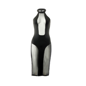 Detail of black halter dress featuring sheer mesh panels and cut-out see-through design