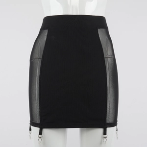 Detail of black mini skirt featuring sheer mesh side panels and metal garter clips